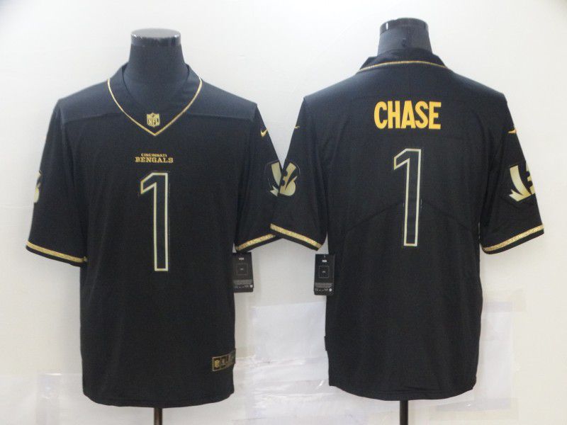 Men Cincinnati Bengals 1 Chase Black Retro Gold Lettering 2021 Nike NFL Jersey